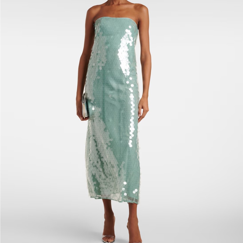 STAUD Mint Sequin Strapless Midi Dress